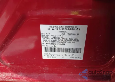 2012 Mazda Mazda6 I Touring z USA, uszkodzony, nr VIN 1YVHZ8DH2C5M14972